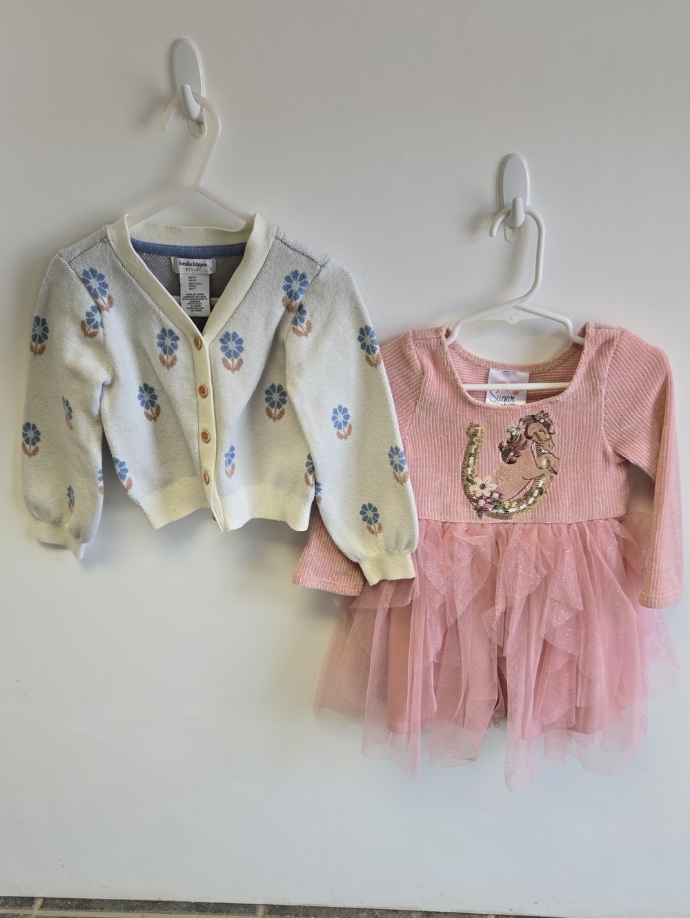 Pink Tulle Horse Appliqué Dress with Cream Floral Cardigan - Kids